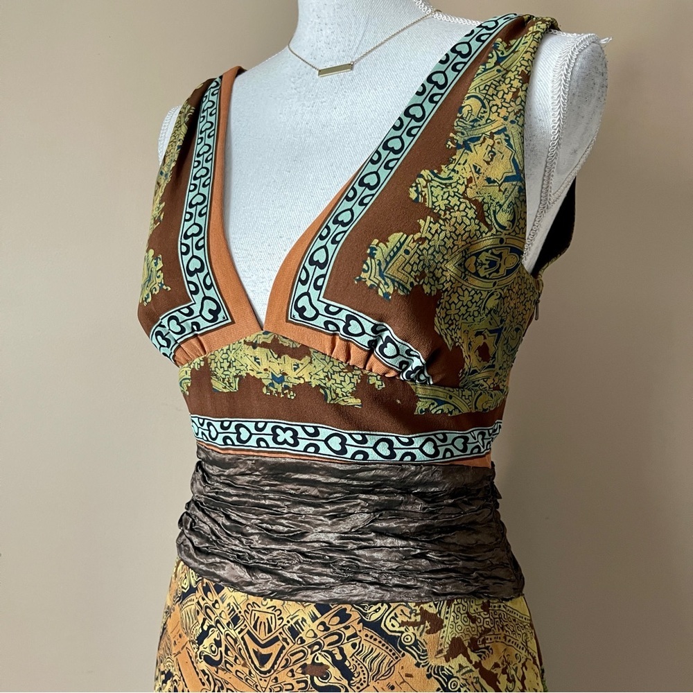 NICOLE MILLER | 100% Silk Patterned Deep V-neck Midi Cocktail Dress Sz 4 - Picture 4 of 9